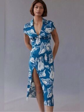 Blue Shell Print Urban Outfitters Midi Dress with Front Slit